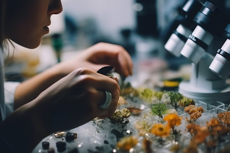 Close up of female scientist working with microscope in laboratory. Scientist examining plants. Biotechnology and biochemistry conceptの素材