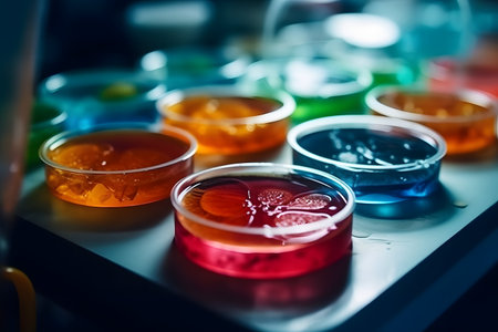 Colorful petri dishes with liquid in laboratory, close-upの素材