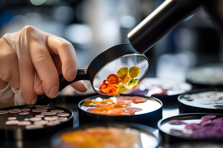 Close-up of a hand holding a magnifying glass and examining samples of different colorsの素材