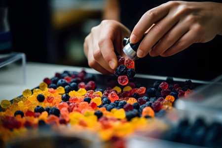 Close-up of a female confectioner's hand sprinkling fresh blueberries with sugar.の素材