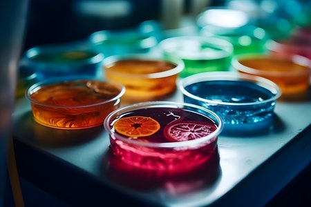Close up of colorful petri dishes with citrus fruits in laboratory.の素材