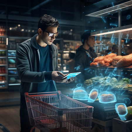 Young man using tablet computer while shopping in grocery store. Online shopping conceptの素材