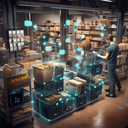 Smart warehouse management system with innovative internet of things technology to identify package picking and delivery. Future concept of supply chain and logistic networkの素材