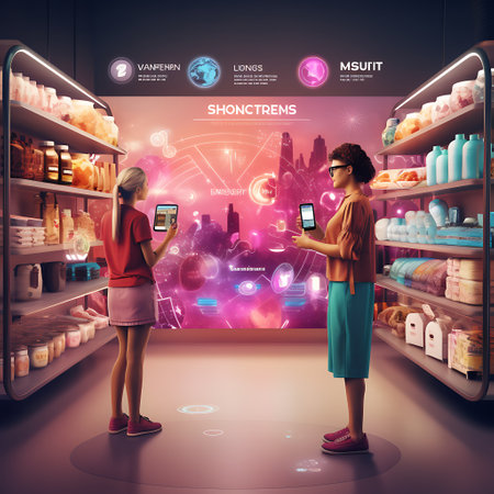 Two women looking at mobile phones in a supermarket. 3d renderingの素材