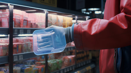 Close up of man's hand holding shopping cart in supermarket. 3d renderingの素材