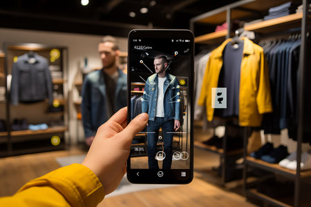 male hand holding smartphone with online shopping application on screen in clothing storeの素材