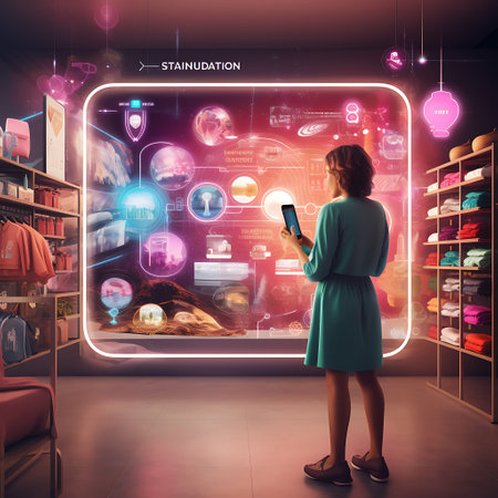 Young woman using a mobile phone in a store. Virtual reality concept.の素材