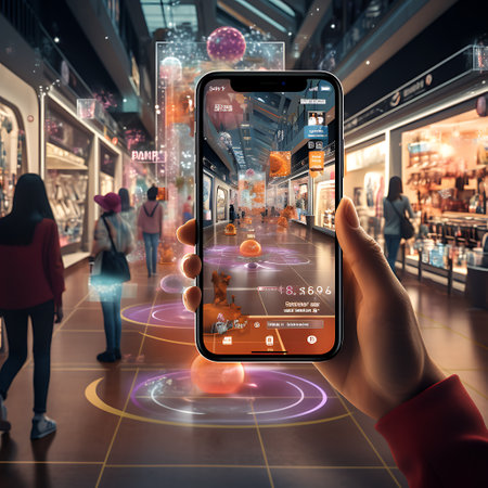 Digital composite of Hand holding smart phone with people in the shopping mallの素材