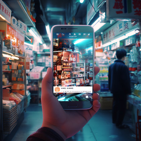 Man hand holding smart phone with online shopping application on screen.の素材