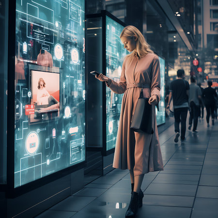 Beautiful young woman using mobile phone while walking in shopping mall at nightの素材