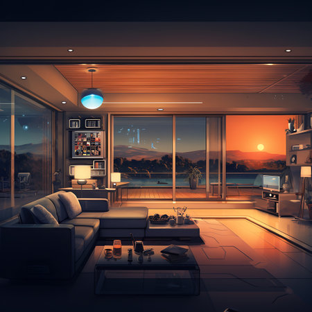 3d rendering of a modern living room with a view of the seaの素材