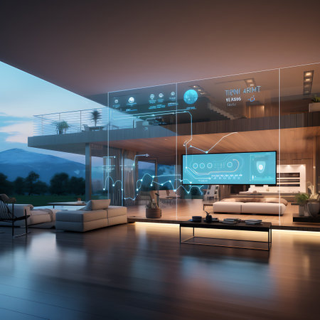 3d rendering of modern house interior with tv screen and city viewの素材