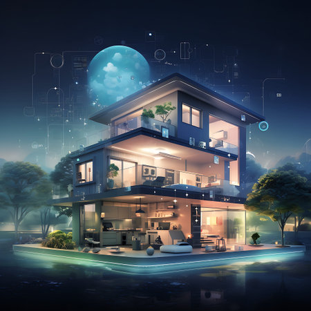 3d rendering of modern cozy house with garage and pool for sale or rent in luxurious style. Cool summer night with full moon.の素材