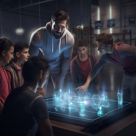 Group of young people looking at a hologram of a virtual globeの素材