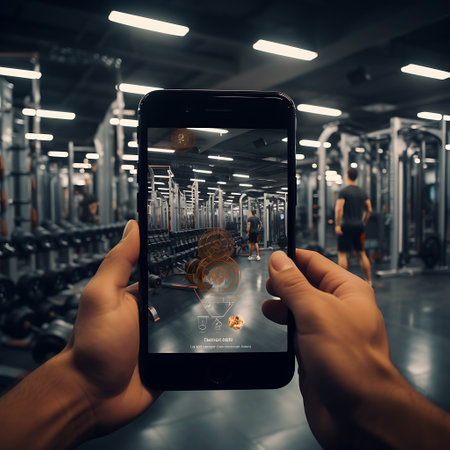 male hands holding smartphone with fitness app on screen in gym, healthy lifestyle conceptの素材