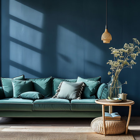 Modern interior design with a sophisticated teal sofa, cozy cushions, and vibrant houseplants.の素材