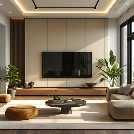 Chic minimalist living room with wall-mounted television and wooden console.の素材