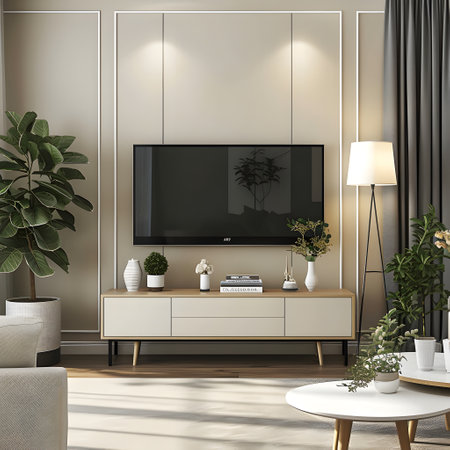 Elegant entertainment area with contemporary furniture and vibrant indoor greenery.の素材
