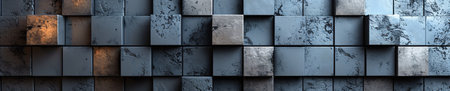 An abstract composition featuring a chaotic arrangement of weathered, interlocking cubes in shades of rust and slate gray, evoking a sense of urban deterioration and contemporary artistic fusionの素材