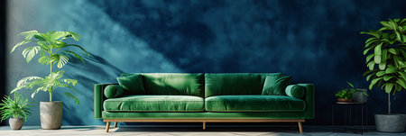 Modern home with a vibrant teal couch, navy blue wall elegance, and stylish comfort.の素材