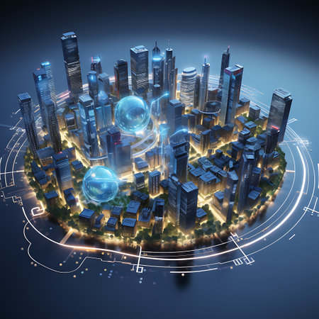 Modern city on a technological background. 3d rendering, 3d illustration.の素材