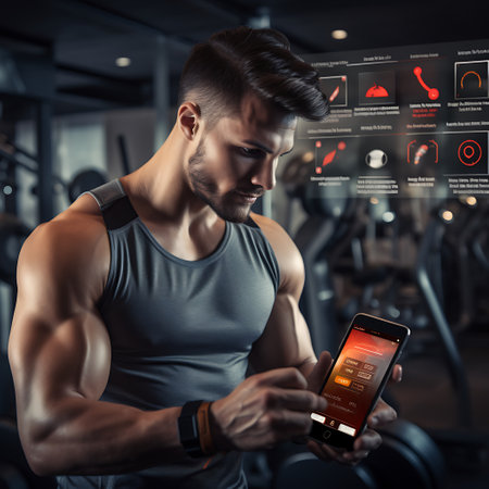 fitness, sport, training, gym and lifestyle concept - young man with smartphone in gymの素材