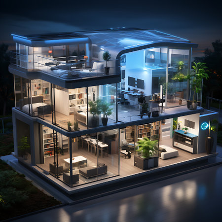 3d rendering of modern house with garden and terrace at nightの素材