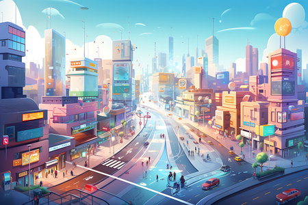 Cityscape with skyscrapers, road and traffic. Vector illustrationの素材