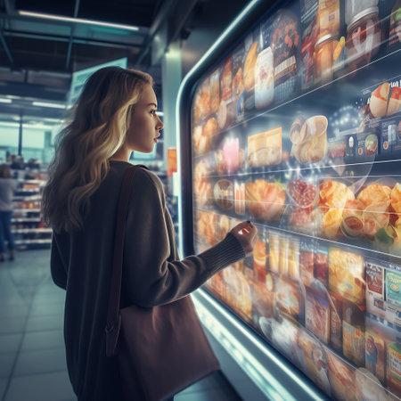 Attractive young woman looking at a vending machine in a supermarket.の素材