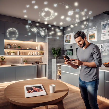 Man using smartphone in modern kitchen interior with glowing network concept. 3D Renderingの素材