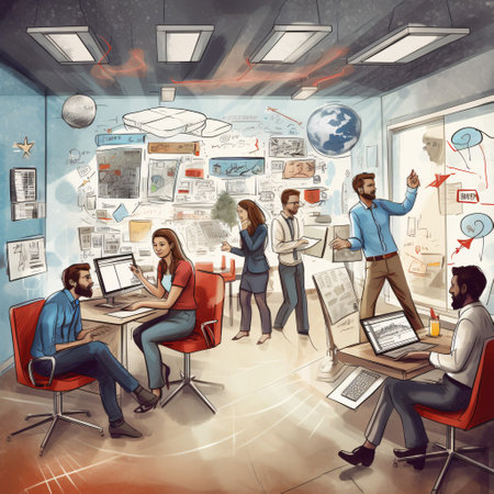 Multicultural corporate team in a collaborative discussion in a tech-driven office environment in Business strategists from varied backgrounds brainstorming in a modern workspace;の素材