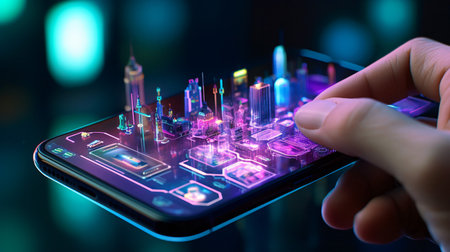 A hand interacts with a three-dimensional city model on a smartphone, showcasing glowing neon structures and advanced urban planning technology.の素材