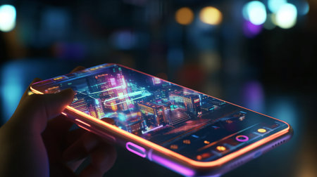 A user holds a smartphone displaying an augmented reality visualization of a neon-lit futuristic city, merging digital and physical worlds.の素材
