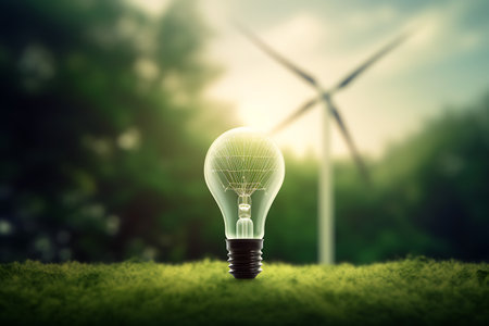 This composition showcases a fusion of technology and nature, visualizing a small dwelling and trees inside a lightbulb, signifying a greener future.の素材