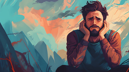 An illustration of a distressed man sitting, hands on his head, against a surreal backdrop of a mountainous landscape and swirling skies.の素材