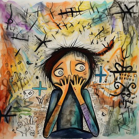 An abstract painting captures a wide-eyed character with hands on cheeks, surrounded by a frenzy of colorful doodles and symbols, evoking a sense of shock or surprise.の素材