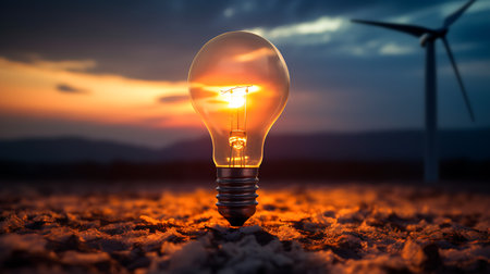 An artistic depiction of a lightbulb containing a small-scale sustainable environment, suggesting a harmonious balance with renewable wind energy sources.の素材