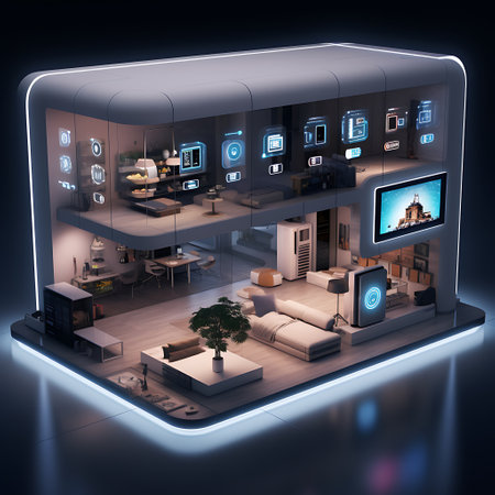 An architectural marvel of a smart home captured at dusk, displaying the beauty of integrated technology.の素材