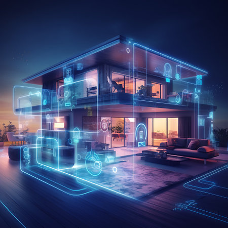 Smart home schematic with glowing blue lines highlighting technology integration.の素材