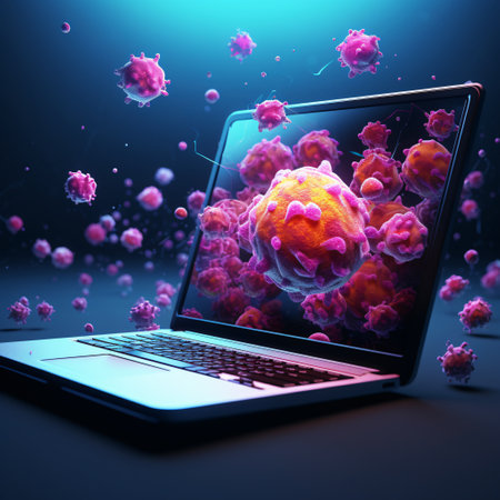 Laptop with virus attack on screen. 3D illustration. Toned.の素材