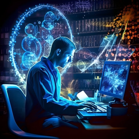 Young man working on computer in dark office. Science and technology conceptの素材
