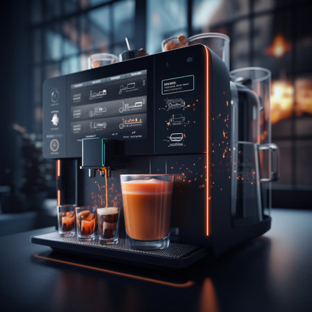 Coffee machine with glass cup of fresh coffee. 3d renderingの素材
