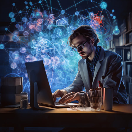 Young scientist working on computer in dark office. 3D rendering.の素材