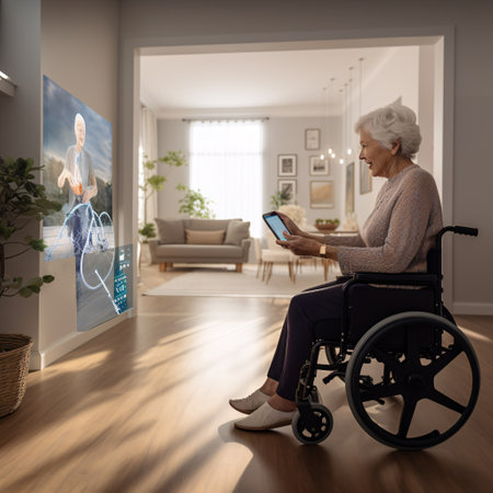Elderly woman in wheelchair using digital tablet in modern living roomの素材