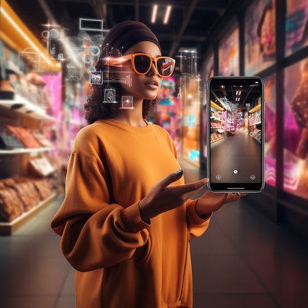 A young woman interacts with augmented reality graphics while shopping in a modern store.の素材