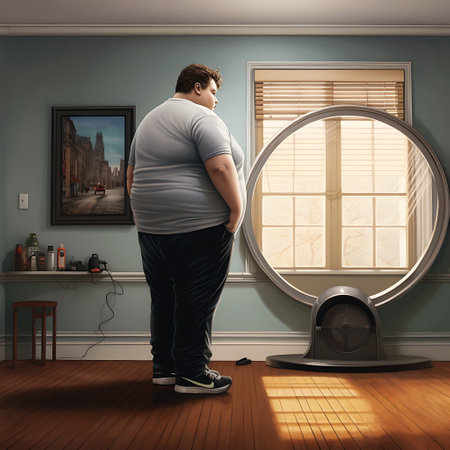 An overweight man stands in a room, gazing out a window, with an exercise wheel nearby, symbolizing the contemplation of a fitness journey.の素材