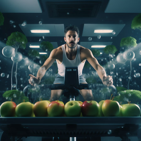 Focused and fit, this athlete relies on a sophisticated fitness tracker to measure his workout performance.の素材