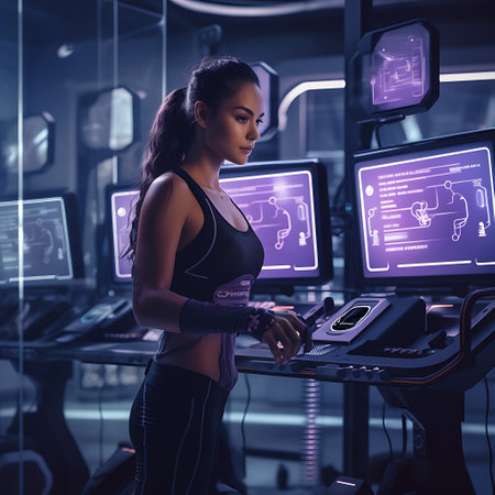 A focused woman uses a state-of-the-art treadmill equipped with advanced monitoring technology for an effective cardio session.の素材