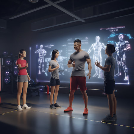 A personal trainer is discussing body anatomy with clients, using an interactive digital screen display in a futuristic gym setting.の素材
