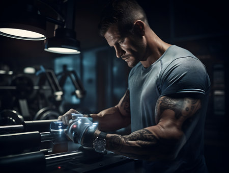 A tattooed, muscular man is adjusting a high-tech holographic interface on gym equipment, indicating a futuristic workout environment.の素材